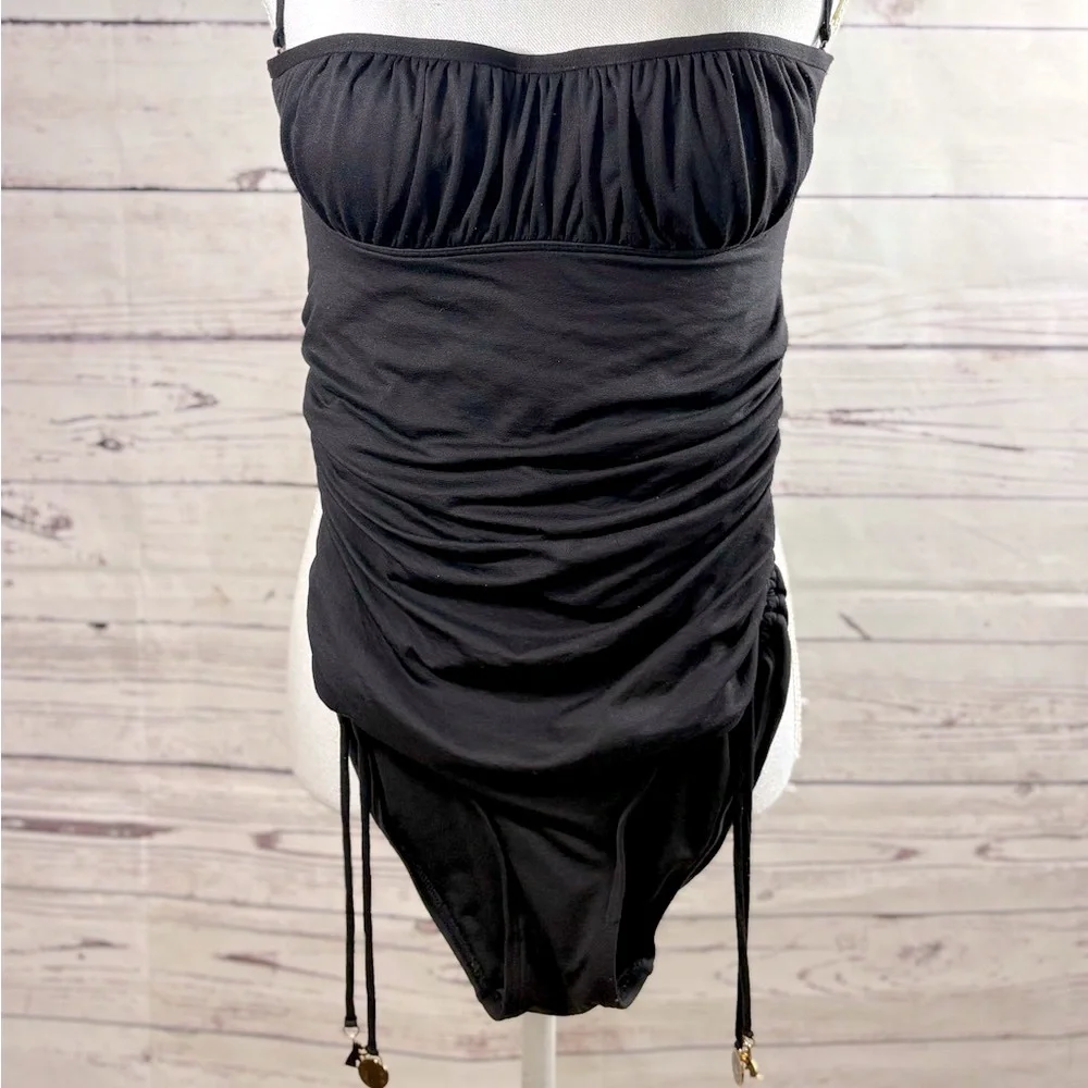 VTG Juicy Couture Beach Royalty Black Ruche Ribbed Open Back One Piece in Size M